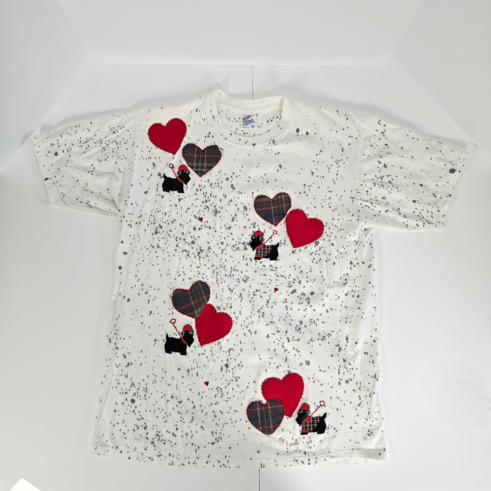 Vintage Jerzees Scottie Dog Heart Splatter T-Shirt XL White 90s Made in USA